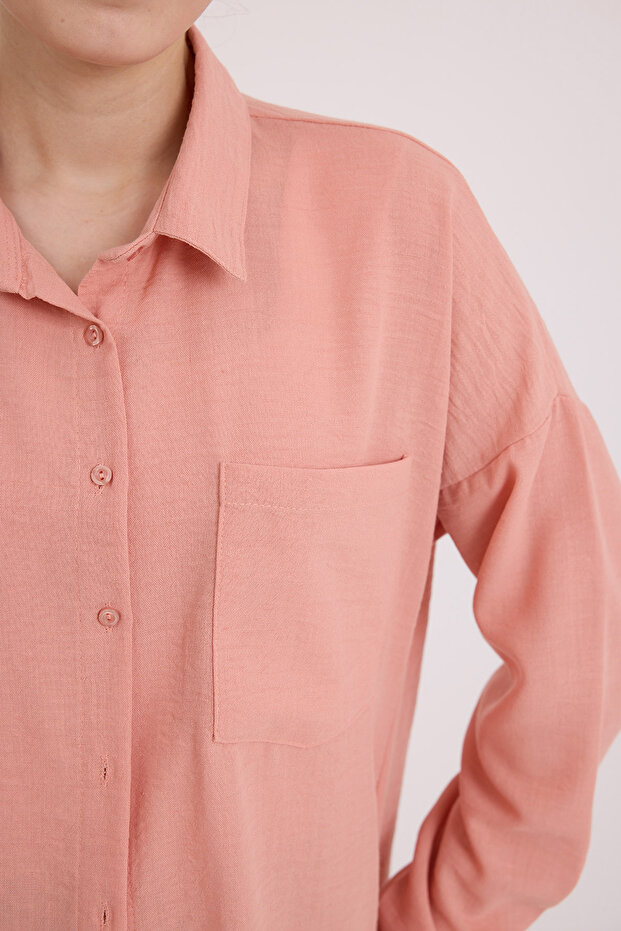 20153 Tek Cepli Oversize Keten Gömlek - Somon - 6