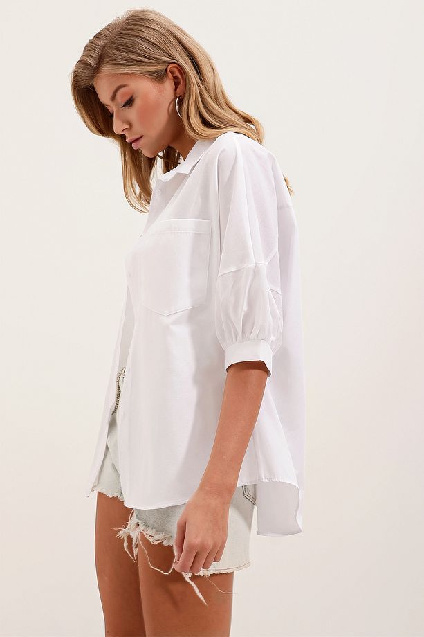 20213 Oversize Kısa Kol Basic Gömlek - Beyaz - 2