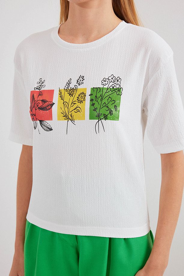 913 Baskılı Örme Basic Tişört - Beyaz - 4