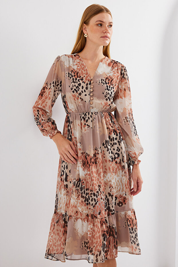 2137 Model Patterned Camel Chiffon Dress - 2