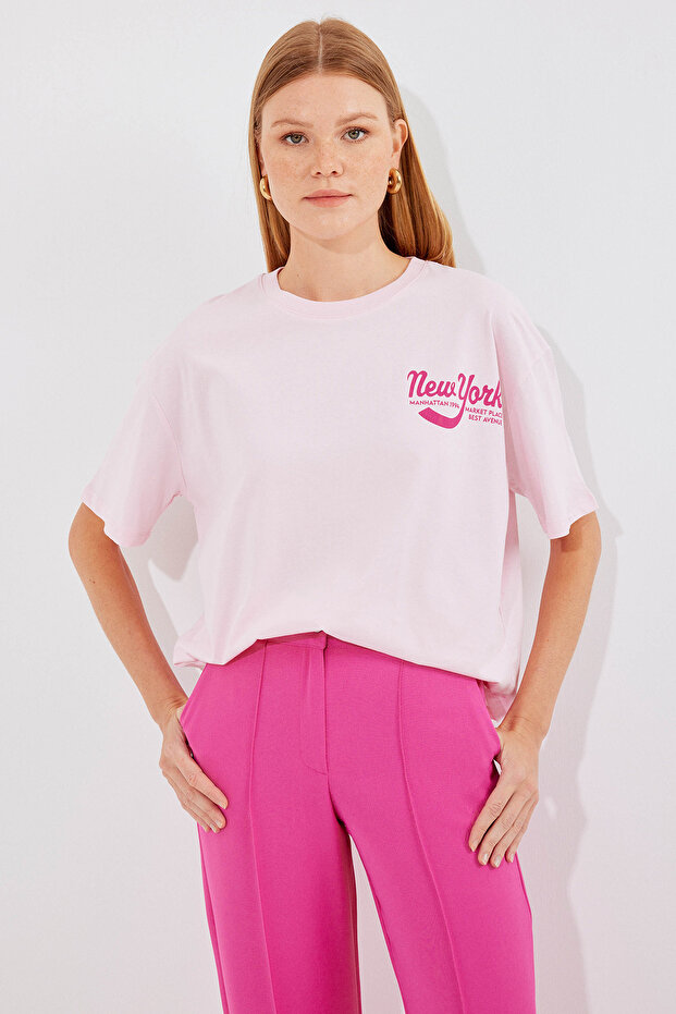 4318 Baskılı Basic Tişört - Pudra - 2