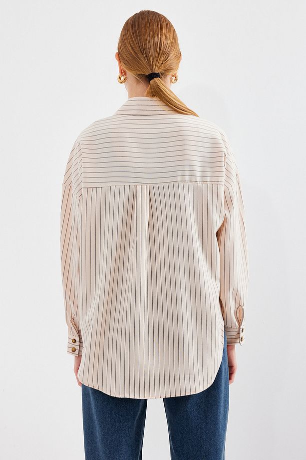 20208 Çizgili Oversize Uzun Basic Gömlek - Krem - 7
