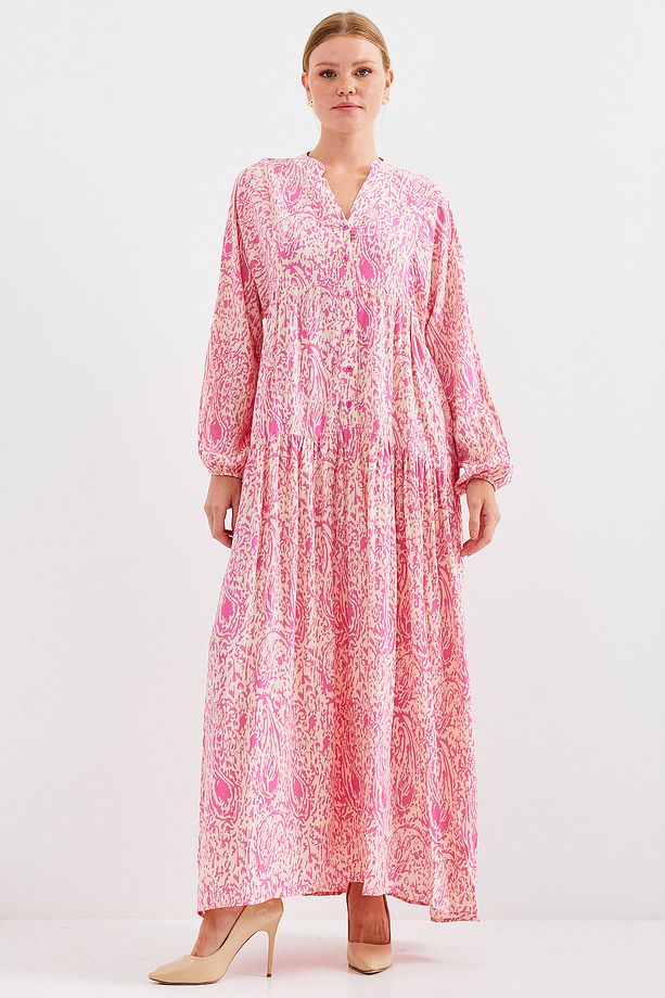 Kadın Desenli Pembe Viskon Tesettür Elbise 2423 - 3