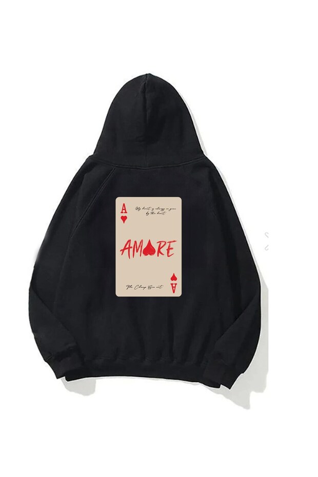 Unisex Oversize Sweatshirt Hoodie Amore Ace Printed Black – Hooded, Kangaroo Pocket