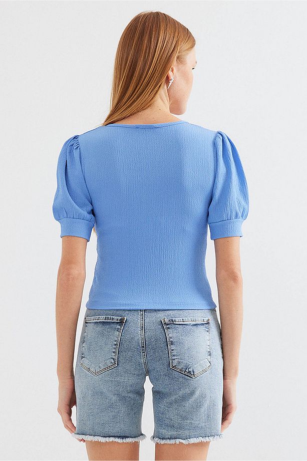4316 Fermuarlı Örme Bluz - Mavi - 5