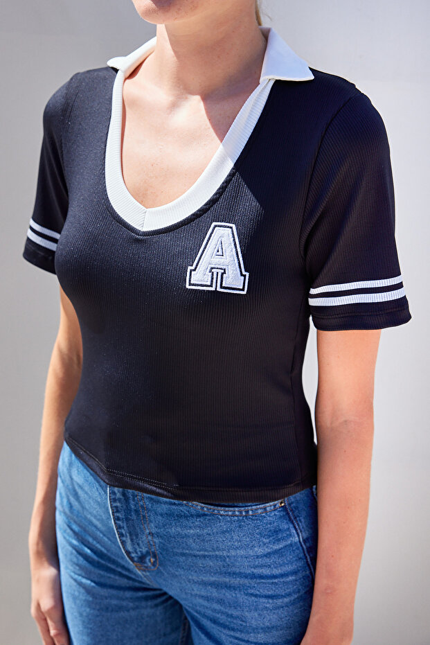 4320 Polo Yaka Basic Triko Bluz - Siyah - 5