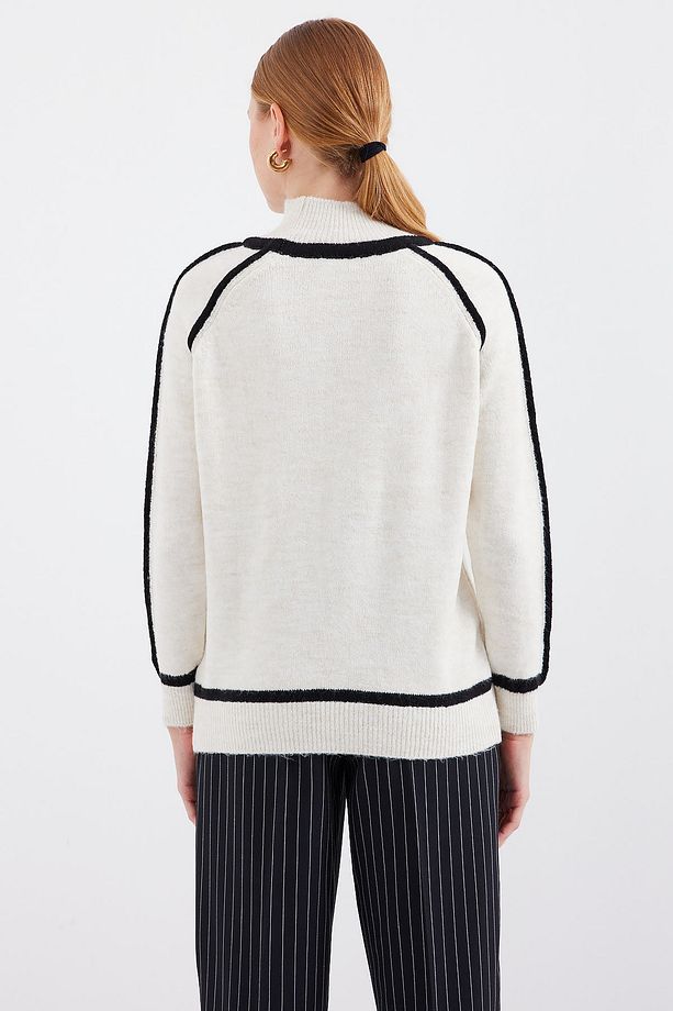 15879 Çizgili Oversize Triko Kazak - Ekru - 5