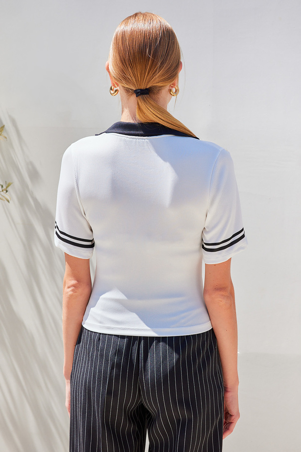 4320 Polo Yaka Basic Triko Bluz - Beyaz - 5