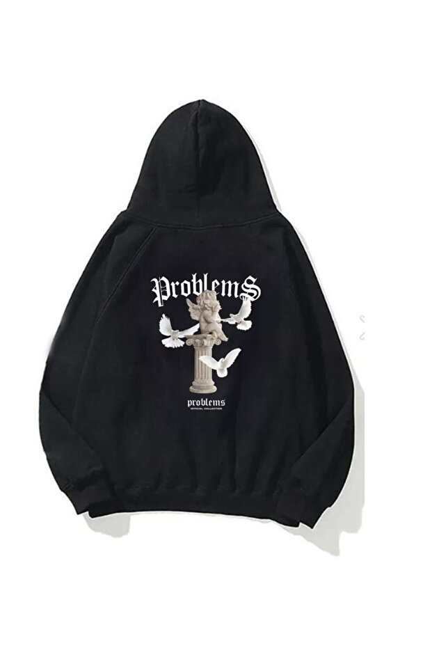 Unisex Oversize Sweatshirt Hoodie Problems Sculpture Printed Black – Hooded, Kangaroo Pocket