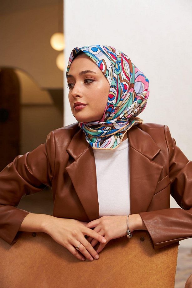 Geo Oval Soft Eşarp Mavi Kahve 1158-08 - 2