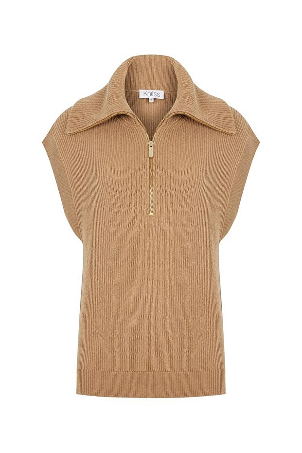 Oversıze Camel Triko Yelek - 6