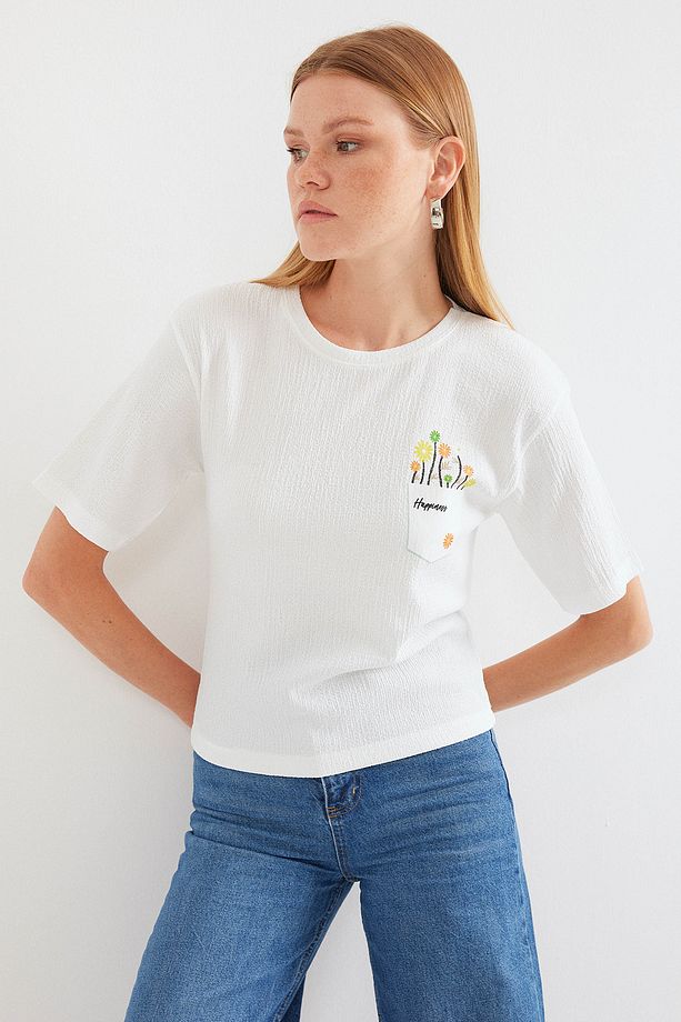 912 Baskılı Örme Basic Tişört - Beyaz - 3