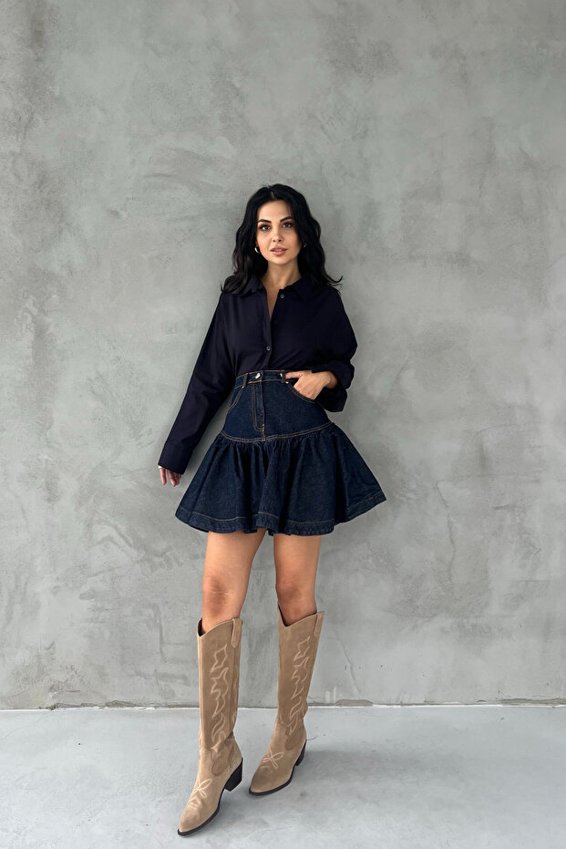 Navy Blue Drenthe Gather Detailed Heart Buttoned Denim Skirt
