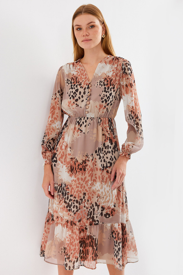 2137 Model Patterned Camel Chiffon Dress - 4