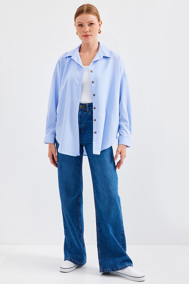 20208 Çizgili Oversize Uzun Basic Gömlek - Mavi - 3