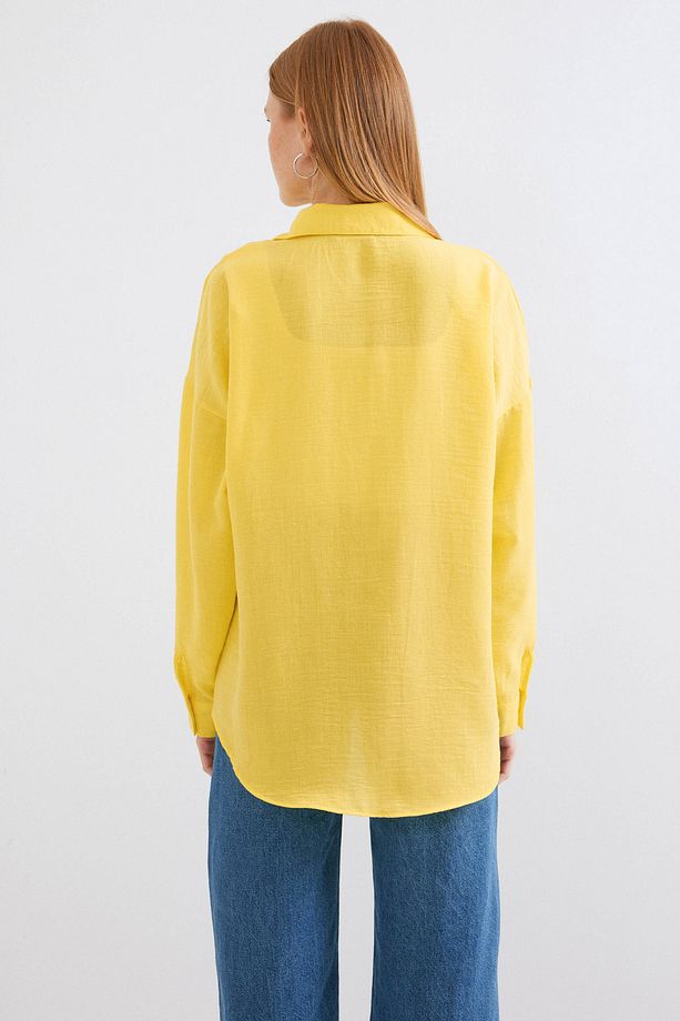 20153 Tek Cepli Oversize Keten Gömlek - Sarı - 6