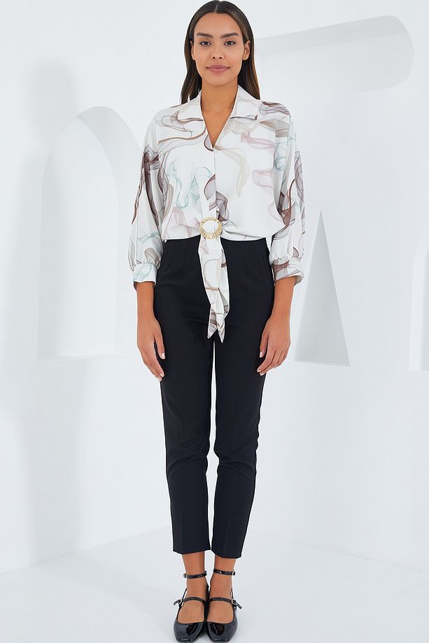 Kadın Oversize Dökümlü Crop Saten Gömlek 906 - Kahverengi - 3