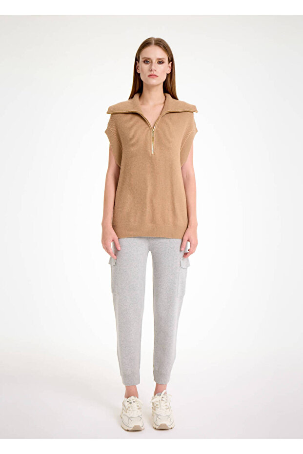 Oversıze Camel Triko Yelek - 2