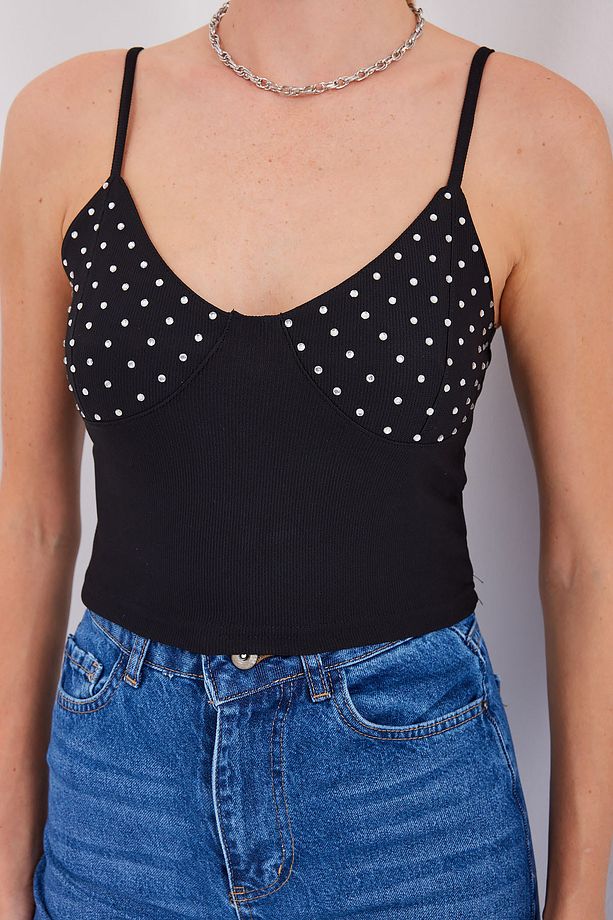 918 İp Askılı Crop Top - Siyah - 4