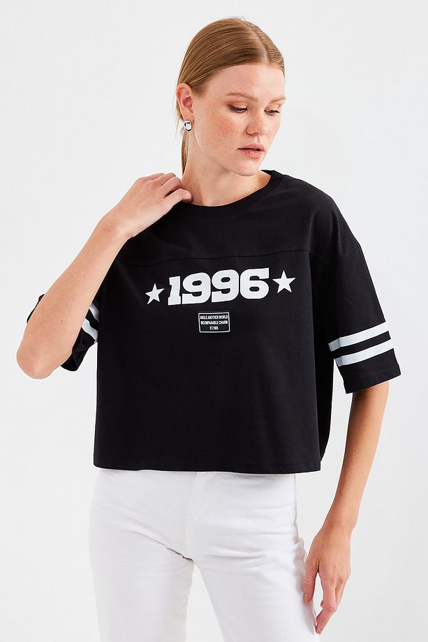 4322 Baskılı Oversize Basic Tişört - Siyah - 4