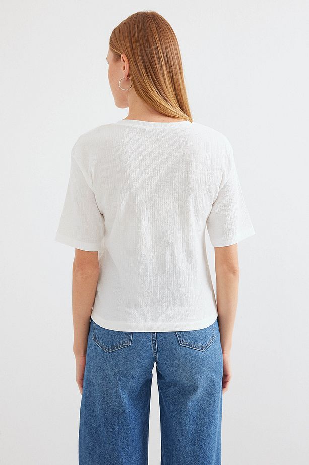 912 Baskılı Örme Basic Tişört - Beyaz - 5