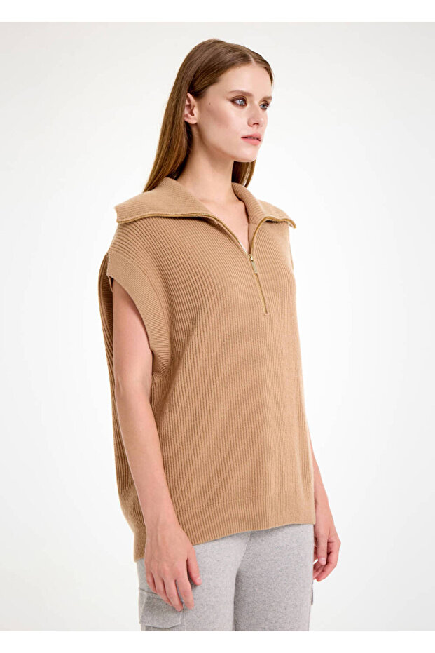 Oversıze Camel Triko Yelek - 4