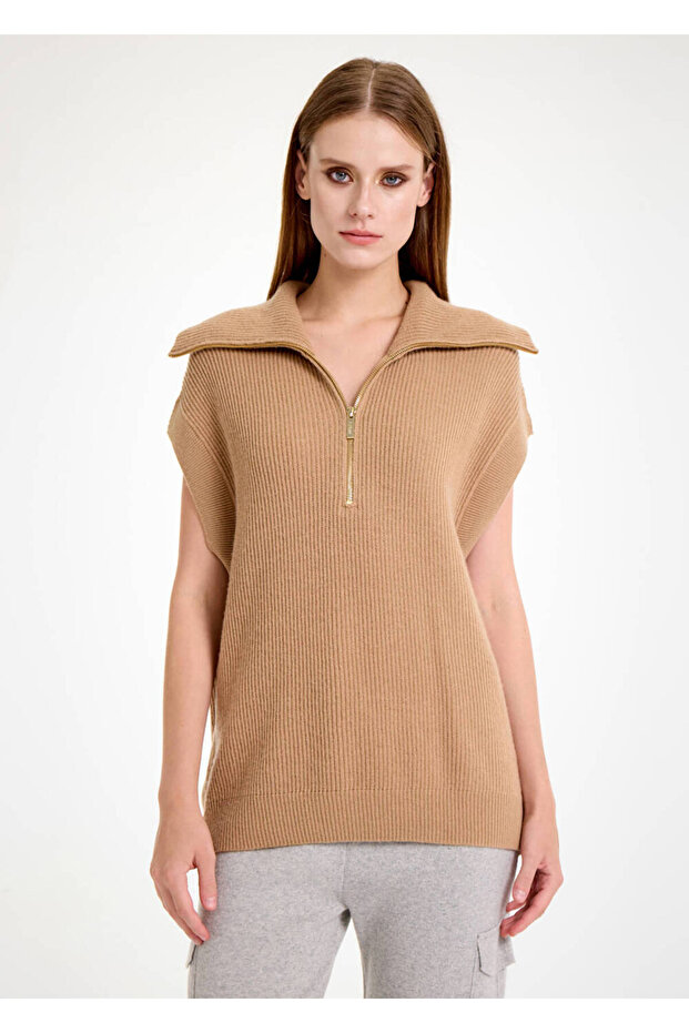 Oversıze Camel Triko Yelek - 1