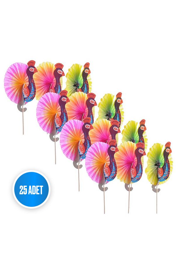 Renkli Yelpaze Kürdan Tavuskuşu 14cm 25 Adet/paket Sunum, Kokteyl, Doğum Günü, Pasta Kürdanı - 1