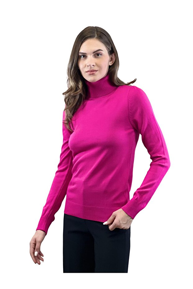 Fuşya Balıkçı Yaka Basic Kadın Triko Kazak - 2