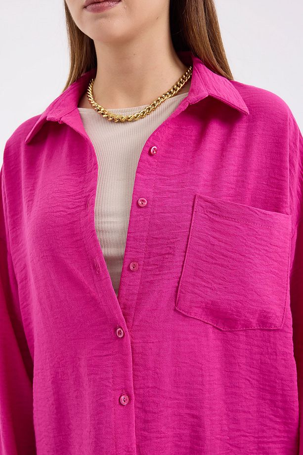 20153 Tek Cepli Oversize Keten Gömlek - Koyu Pembe - 5