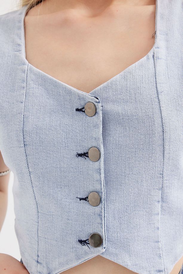 6797 Crop Kot Yelek - Mavi - 5