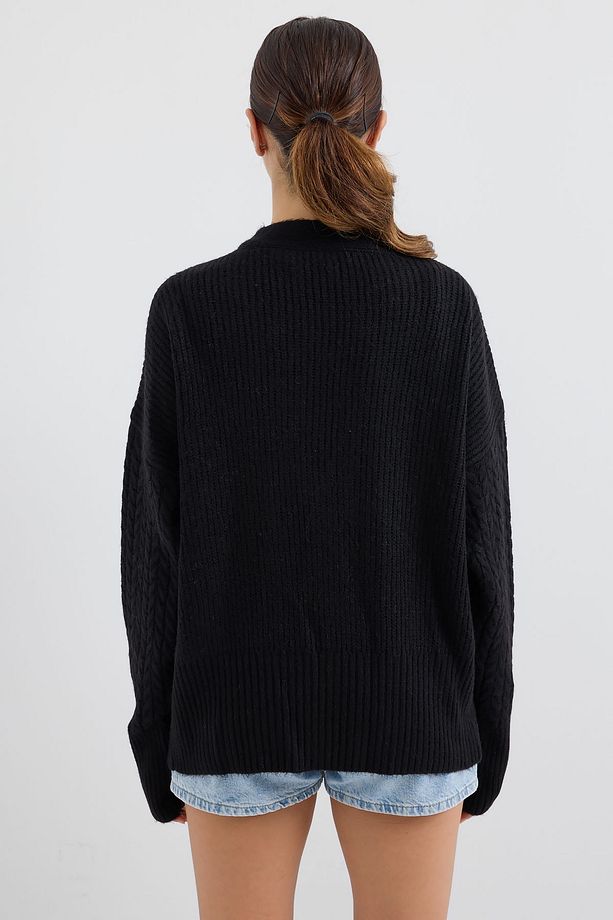 15885 Örgülü Oversize Triko Hırka - Siyah - 6