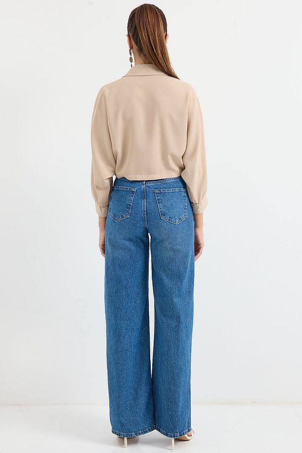 905 Oversize Dökümlü Bluz - Bej - 5