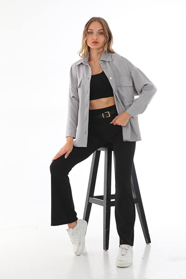 Çİft Cepli Oversize Ceket Gömlek - 3