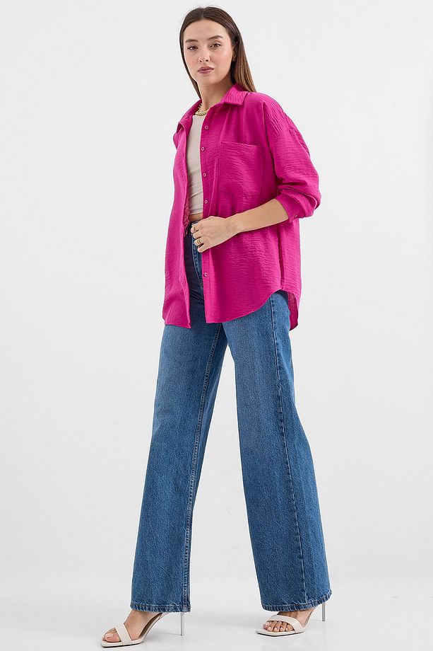 20153 Tek Cepli Oversize Keten Gömlek - Koyu Pembe - 4