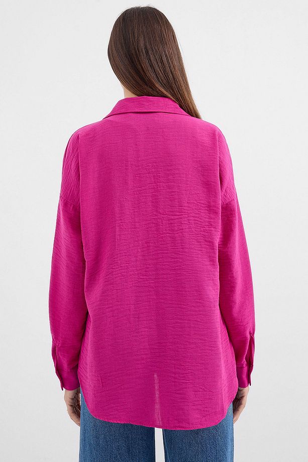 20153 Tek Cepli Oversize Keten Gömlek - Koyu Pembe - 6