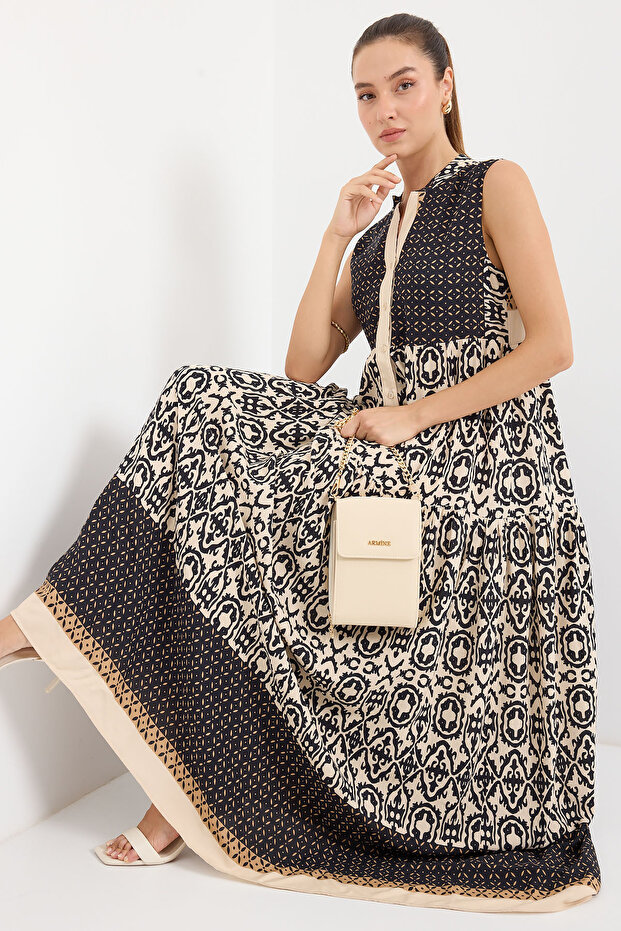 2515 Patterned Viscose Dress with Zero Sleeves - Black