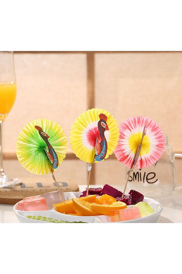 Renkli Yelpaze Kürdan Tavuskuşu 14cm 25 Adet/paket Sunum, Kokteyl, Doğum Günü, Pasta Kürdanı - 5