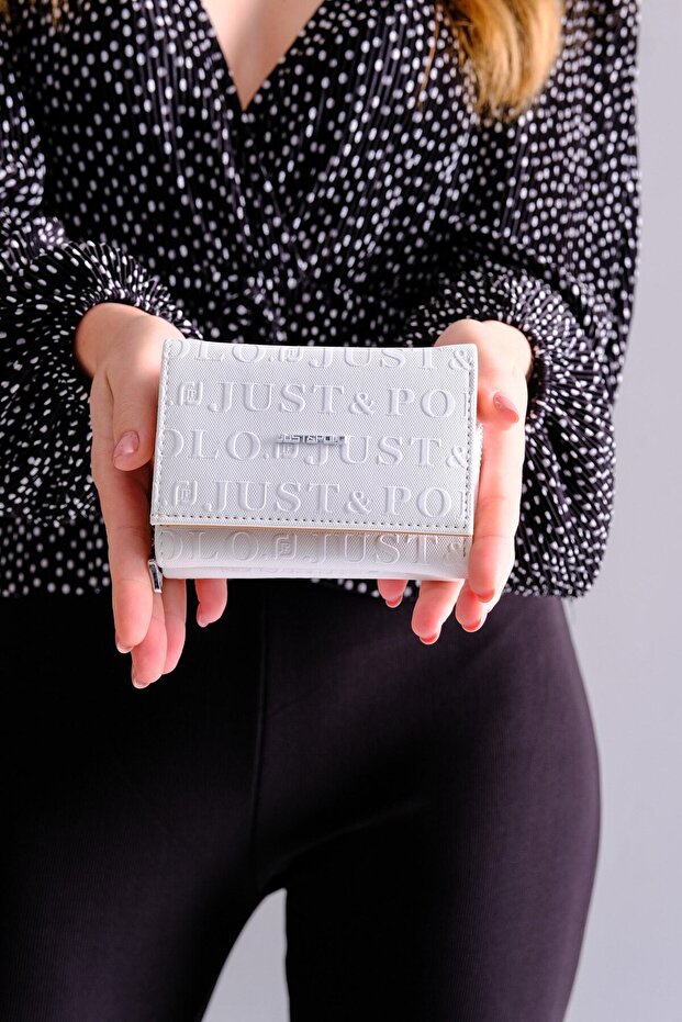 Women's White 6 Card + 1 ID Compartment Embossed Printed Vegan Wallet with Snap and Zipper Closure