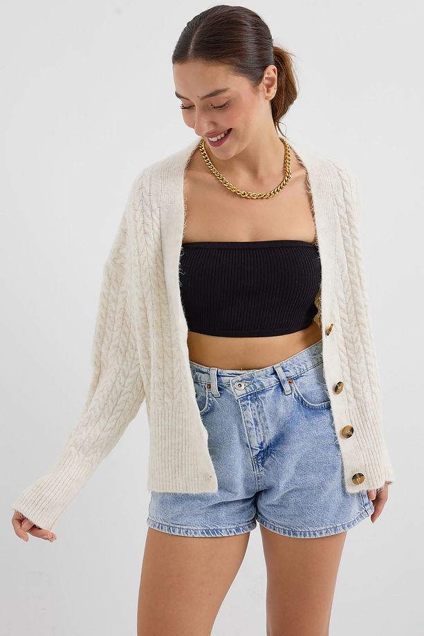 15885 Örgülü Oversize Triko Hırka - Ekru - 3