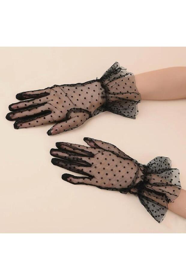 Short Length Laced Black Polka Dot Tulle Gloves Black Color