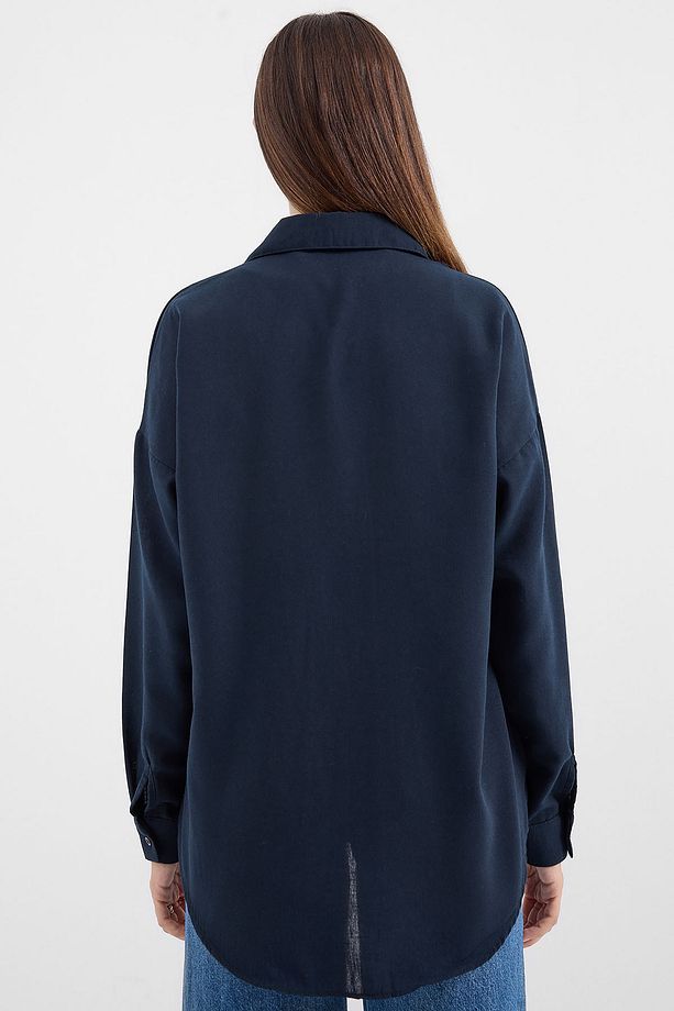 20153 Tek Cepli Oversize Keten Gömlek - Lacivert - 5