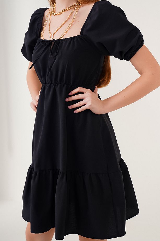 2351 Kloş Poplin Elbise - Siyah - 5