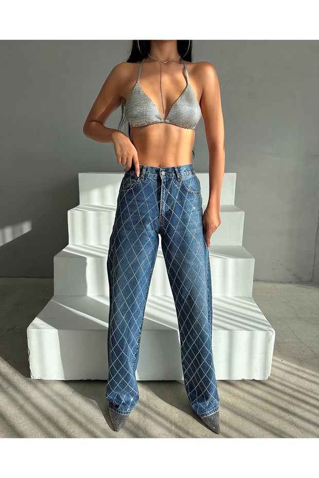 Women's Dark Blue Color Loose Fit Front Starlight Shiny Stone Design Denim
