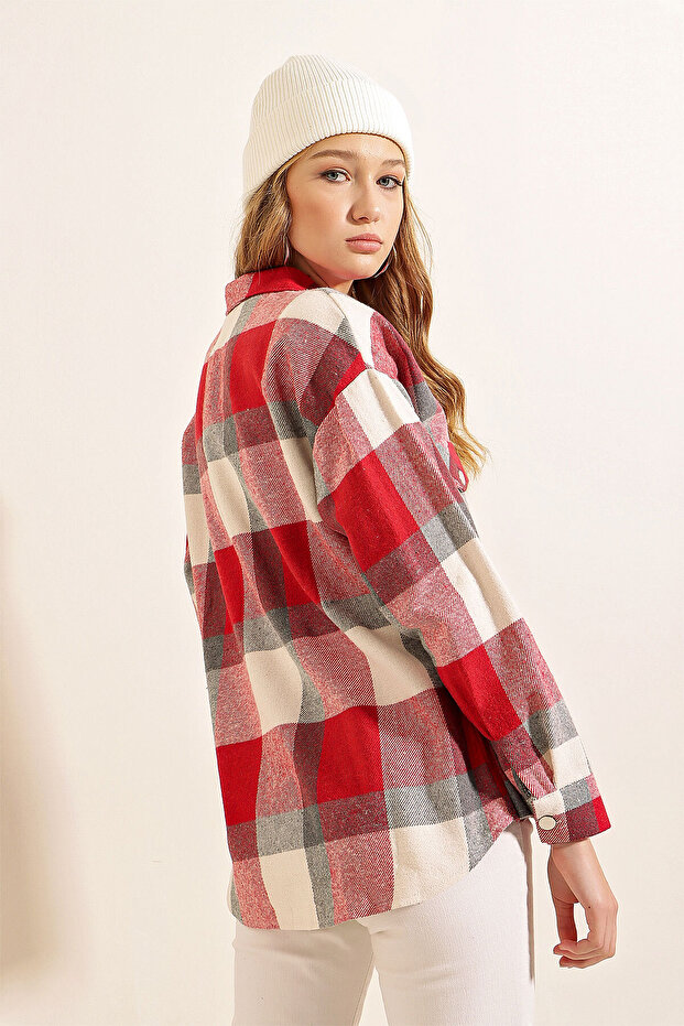 3854 Ekose Desen Çift Cepli Gömlek - Nar - 6