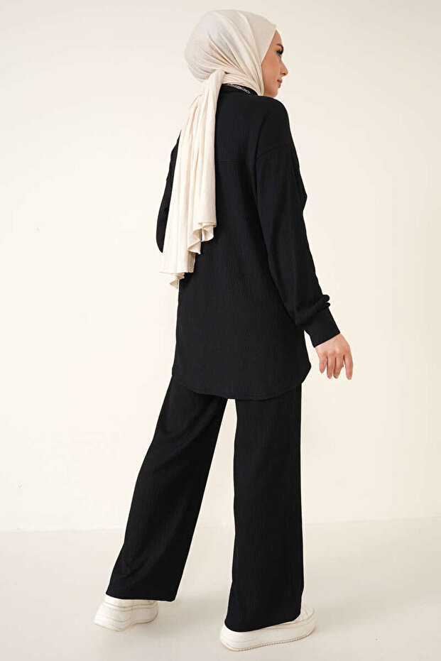 T5858 Knitted Hijab Double Set - Black - 3