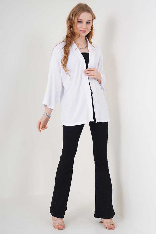 5862 Örme Kimono - Beyaz - 2