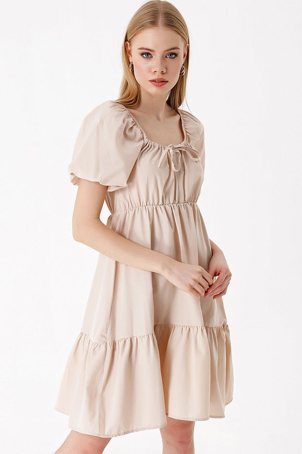 2351 Kloş Poplin Elbise - Bej - 3