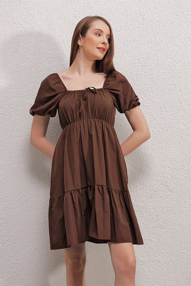 2351 Kloş Poplin Elbise - Kahverengi - 5