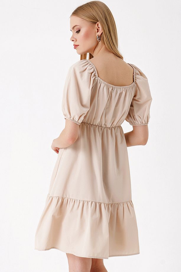2351 Kloş Poplin Elbise - Bej - 5